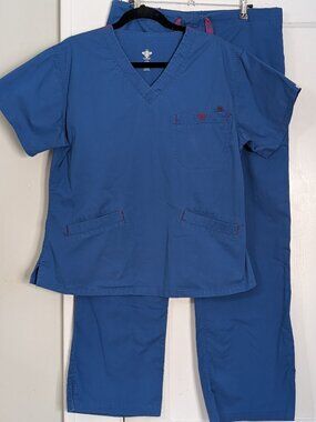 Med Couture Women's Scrub Set Top & Pants Size Medium Blue E-Z Flex 8403 & 8705